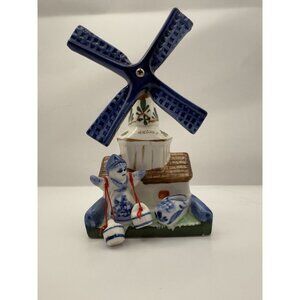 Delft Blue Handpainted Holland Souvenir Ceramic Windmill With Girl Shoe 5”